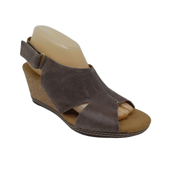 Clarks Shoes - Collection by Clarks Comfort Wedge Sandals Womens 9.5 Brown Leather Open Toe